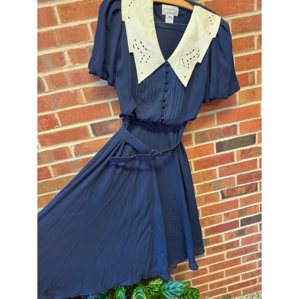 70s/80s Vintage Liz Petites Navy Dress Lace Collar Belted Midi 6